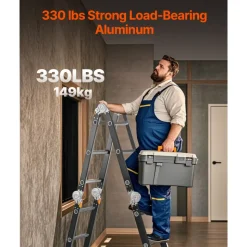 VEVOR Multi-Purpose Folding Ladder, 7-in-1 Tall Extension Step Ladder, A Frame 3 Step with Scaffolding Plank Telescoping Ladder, 12ft Reach Height Heavy Duty Ladder, 330 lbs Capacity for Home Outdoor