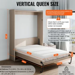 VEVOR Murphy Bed Kit, Full Size, Vertical Deluxe DIY Wall Bed Mechanical Hardware Kit, Pneumatic Lever Heavy Duty Bed Frame Support, Folding Cabinet Wall Bed Space Saving Design for Guestroom