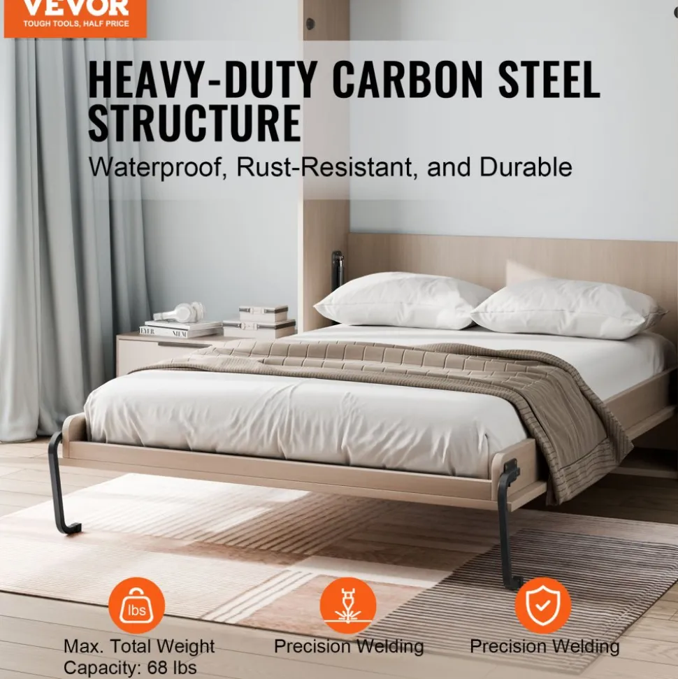 VEVOR Murphy Bed Kit, Queen Size, Vertical Deluxe DIY Wall Bed Mechanical Hardware Kit, Pneumatic Lever Heavy Duty Bed Frame Support, Folding Cabinet Wall Bed Space Saving Design for Guestroom