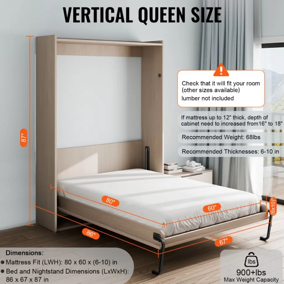 VEVOR Murphy Bed Kit, Queen Size, Vertical Deluxe DIY Wall Bed Mechanical Hardware Kit, Pneumatic Lever Heavy Duty Bed Frame Support, Folding Cabinet Wall Bed Space Saving Design for Guestroom