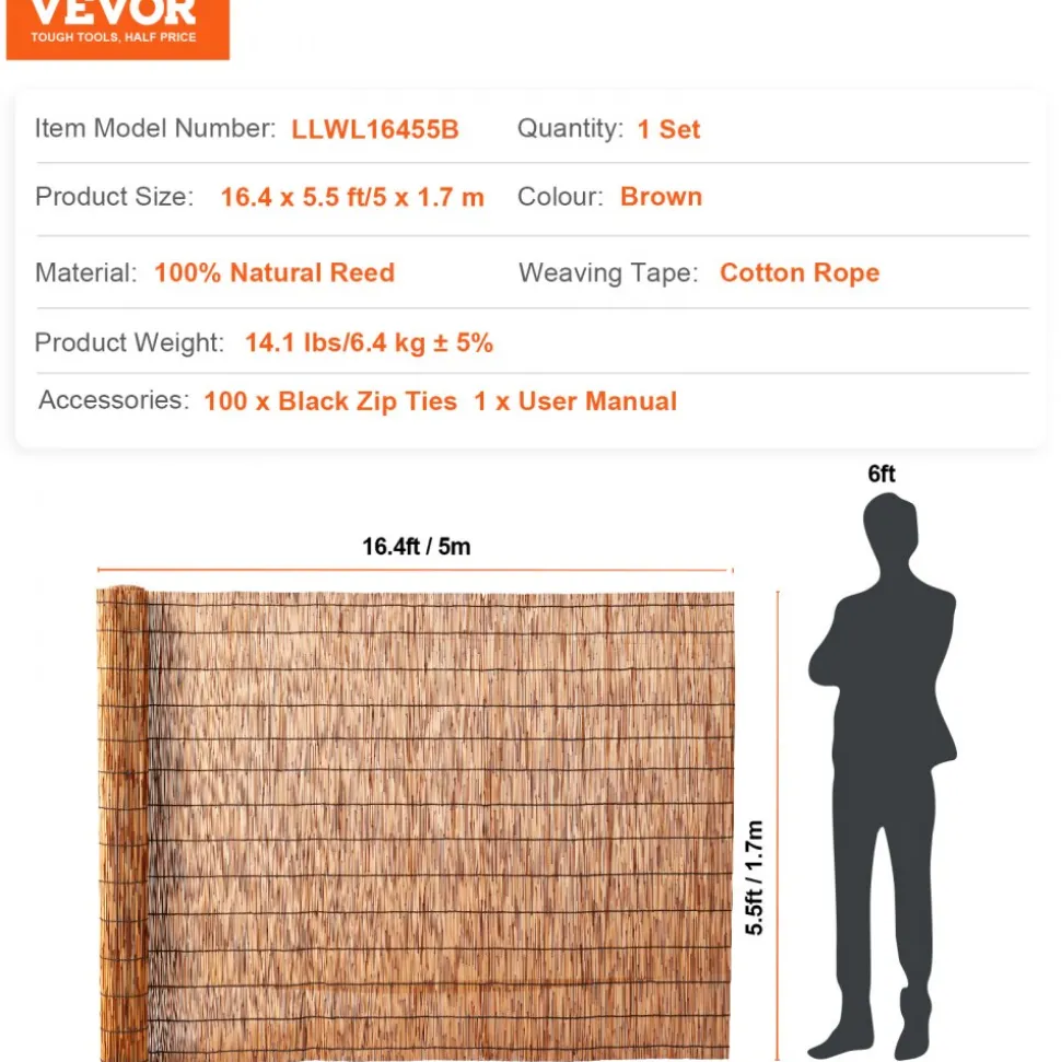 VEVOR Natural Reed Fencing, 5.5 ft x 16.4 ft, Reed Screen Curtain Balcony Reed Fence Roll for Outdoor Backyard Patio, Decorative Fence for Backyard Garden Fencing Divider, Privacy Screen Panel, Brown