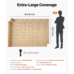 VEVOR Natural Reed Fencing, 6 ft x 16.4 ft, Decorative Natural Reed Fencing Roll, Decorative Fence for Backyard Garden Divider, Privacy Screen Panel Curtain for Balcony Patio Garden Backyard Outdoor