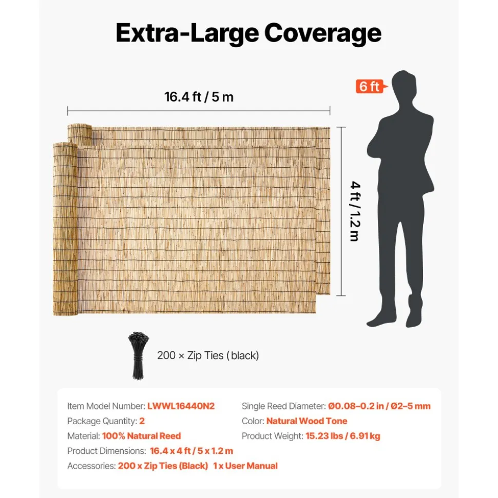 VEVOR Natural Reed Fencing, 6 ft x 16.4 ft, Decorative Natural Reed Fencing Roll, Decorative Fence for Backyard Garden Divider, Privacy Screen Panel Curtain for Balcony Patio Garden Backyard Outdoor