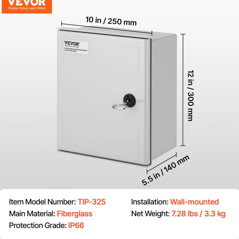 VEVOR NEMA Electric Box, 12x10x6'' NEMA 4X Fiberglass Electric Enclosure, IP66 Water & Dust Resistant, Suitable for Both Outdoor & Indoor Use, Includes Mounting Plate (30x25x14 cm)