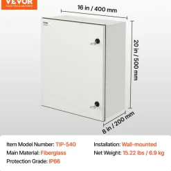 VEVOR NEMA Enclosure, 20 x 16 x 8 inches, NEMA 4X Fiberglass Steel Electrical Box, IP66 Waterproof & Dustproof Hinged Junction Box for Outdoor Indoor Use, with Mounting Plate(50x40x20 cm))