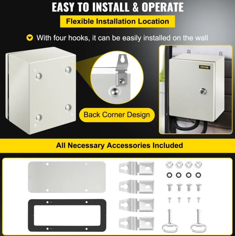 VEVOR NEMA Metal Case, 10 x 8 x 6'' NEMA 4X Metal Electric Enclosure, IP66 Water & Dust Resistant, Suitable for Both Outdoor & Indoor Use, Includes Mounting Plate