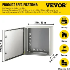 VEVOR NEMA Metal Case, 24x24x12'' NEMA 4X Metal Electric Enclosure, IP66 Water & Dust Resistant, Suitable for Both Outdoor & Indoor Use, Includes Mounting Plate