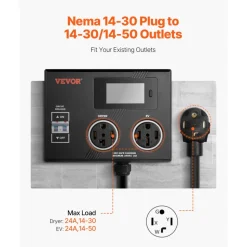 VEVOR NEMA Splitter for Dryer and EV, 3-Color LED Indicator, 240V Smart Power Distribution, With NEMA 14-30 Plug, NEMA 14-30 & NEMA 14-50 Outlets, Large 3.4-Inch LCD Screen, for Max 24A Dryer or EV