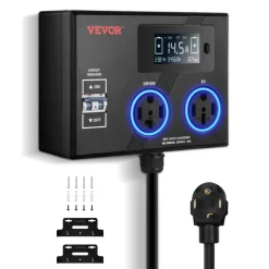 VEVOR NEMA Splitter for Dryer and EV, 3-Color LED Indicator, 240V Smart Power Distribution, With NEMA 14-30 Plug, NEMA 14-30 & NEMA 14-50 Outlets, Large 3.4-Inch LCD Screen, for Max 24A Dryer or EV