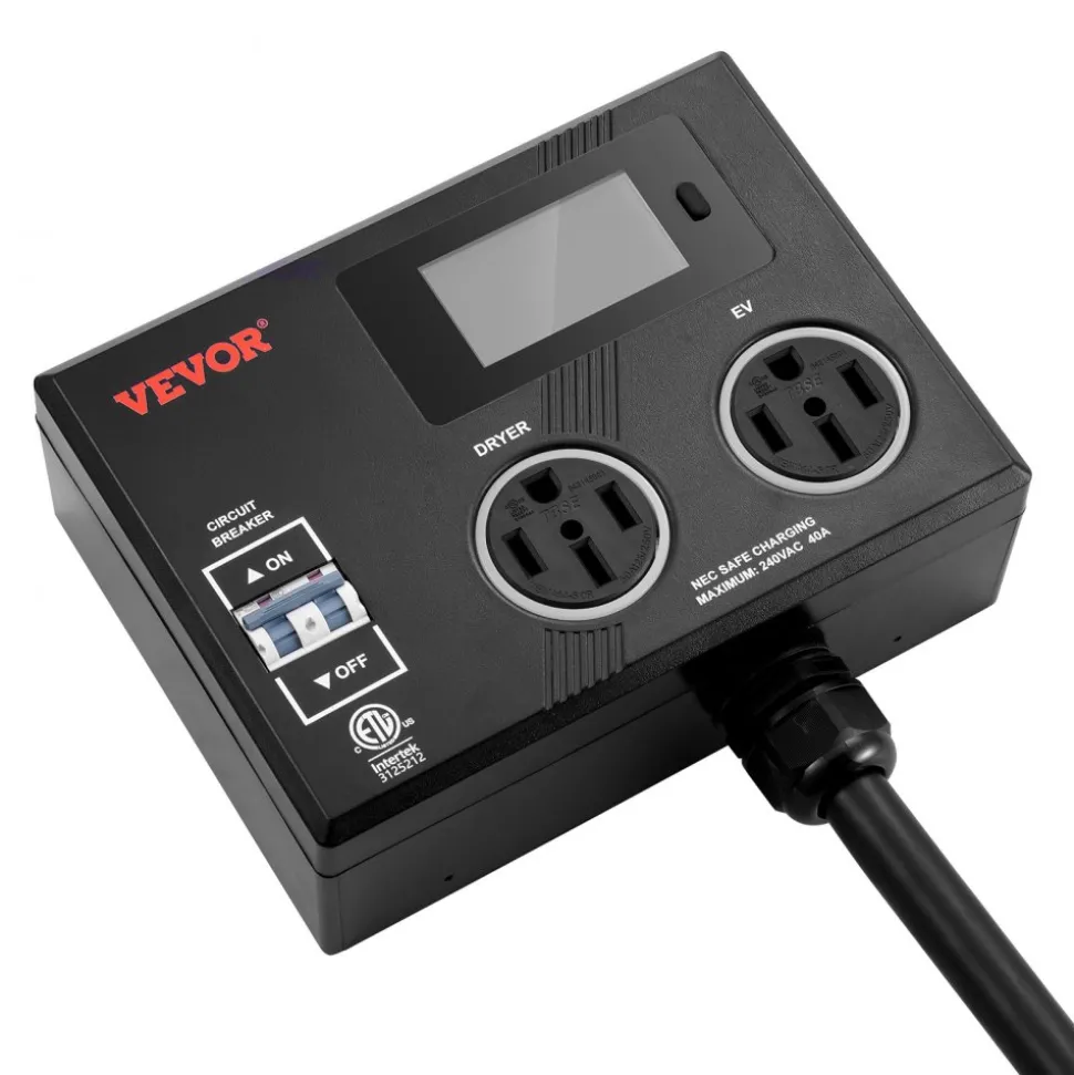 VEVOR NEMA Splitter for Dryer and EV, 3-Color LED Indicator, 240V Smart Power Distribution, With NEMA 14-50 Plug, Two NEMA 14-50 Outlets, 3.4 in LCD Screen, Max 40A Dryer EV, Tested to ETL Standard