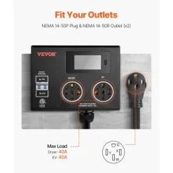 VEVOR NEMA Splitter for Dryer and EV, 3-Color LED Indicator, 240V Smart Power Distribution, With NEMA 14-50 Plug, Two NEMA 14-50 Outlets, 3.4 in LCD Screen, Max 40A Dryer EV, Tested to ETL Standard