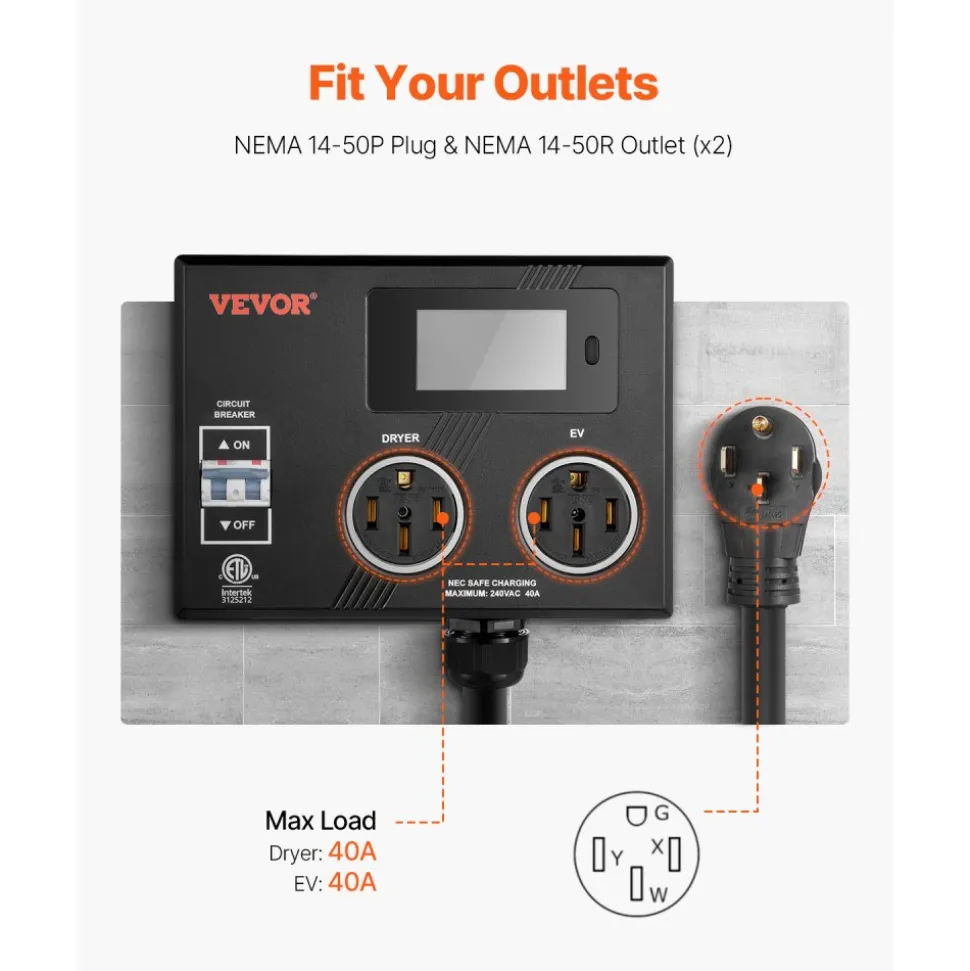 VEVOR NEMA Splitter for Dryer and EV, 3-Color LED Indicator, 240V Smart Power Distribution, With NEMA 14-50 Plug, Two NEMA 14-50 Outlets, 3.4 in LCD Screen, Max 40A Dryer EV, Tested to ETL Standard