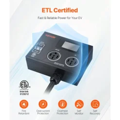 VEVOR NEMA Splitter for Dryer and EV, 3-Color LED Indicator, 240V Smart Power Distribution, With NEMA 14-50 Plug, Two NEMA 14-50 Outlets, 3.4 in LCD Screen, Max 40A Dryer EV, Tested to ETL Standard