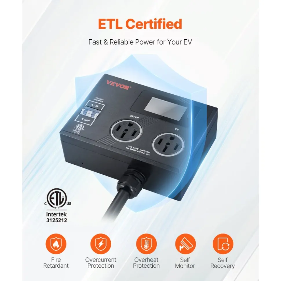 VEVOR NEMA Splitter for Dryer and EV, 3-Color LED Indicator, 240V Smart Power Distribution, With NEMA 14-50 Plug, Two NEMA 14-50 Outlets, 3.4 in LCD Screen, Max 40A Dryer EV, Tested to ETL Standard