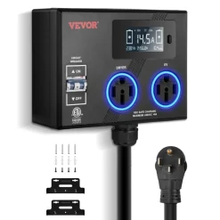 VEVOR NEMA Splitter for Dryer and EV, 3-Color LED Indicator, 240V Smart Power Distribution, With NEMA 14-50 Plug, Two NEMA 14-50 Outlets, 3.4 in LCD Screen, Max 40A Dryer EV, Tested to ETL Standard