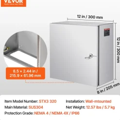 VEVOR NEMA Stainless Steel Enclosure, 12 x 12 x 8'' NEMA 4X Steel Electrical Box, IP66 Waterproof & Dustproof, Outdoor/Indoor Electrical Junction Box, with Mounting Plate
