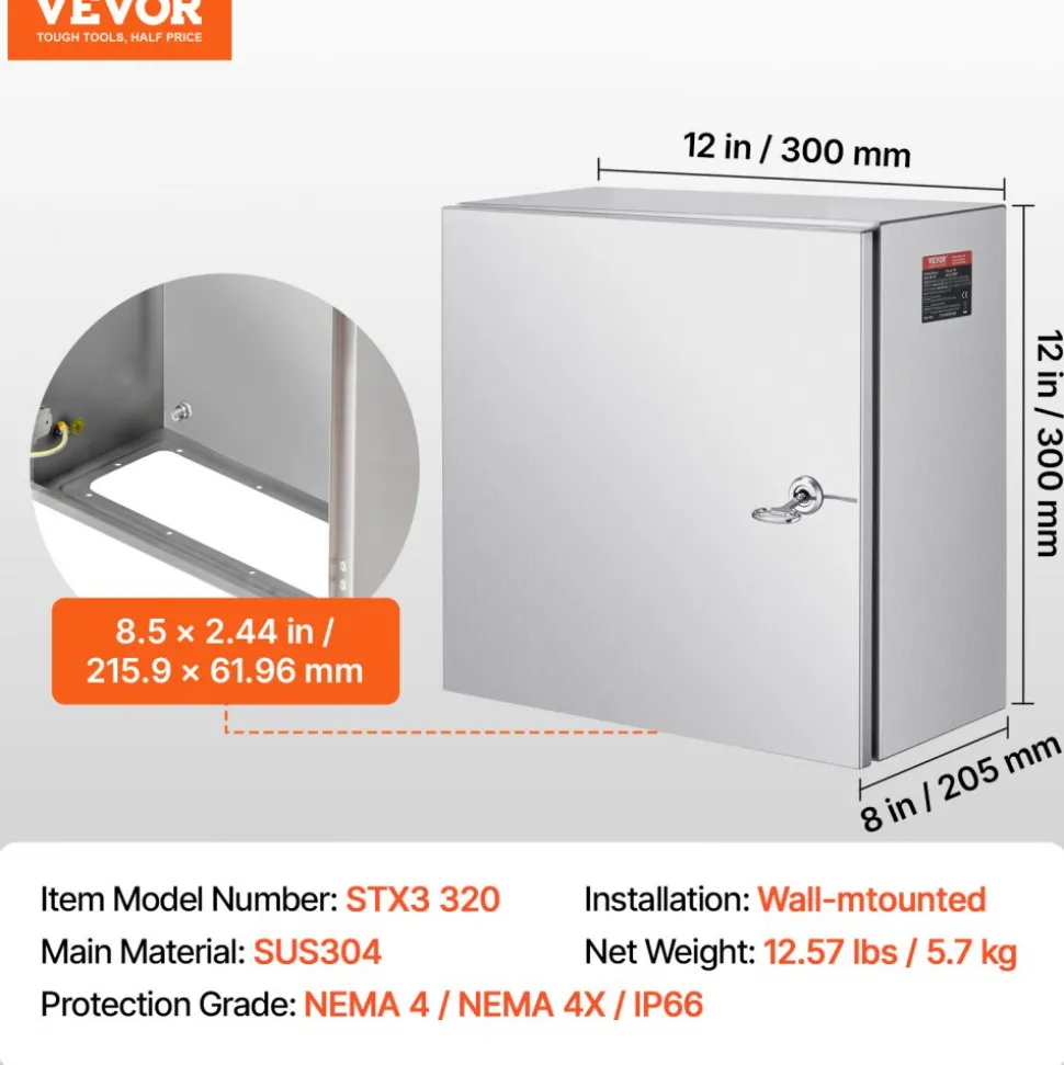 VEVOR NEMA Stainless Steel Enclosure, 12 x 12 x 8'' NEMA 4X Steel Electrical Box, IP66 Waterproof & Dustproof, Outdoor/Indoor Electrical Junction Box, with Mounting Plate