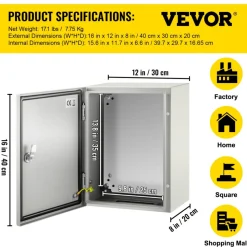 VEVOR NEMA Steel Case, Dimensions 16x12x8 inches, NEMA 4X Steel Electric Enclosure, IP66 Rated for Water and Dust Resistance, Suitable for Both Outdoor and Indoor Use, Includes Mounting Plate