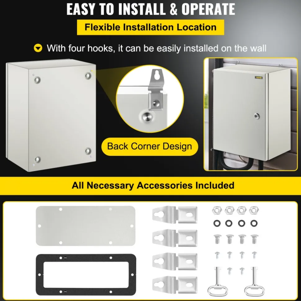VEVOR NEMA Steel Case, Dimensions 16x12x8 inches, NEMA 4X Steel Electric Enclosure, IP66 Rated for Water and Dust Resistance, Suitable for Both Outdoor and Indoor Use, Includes Mounting Plate