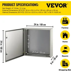 VEVOR NEMA Steel Case, 24x24x8'' NEMA 4X Metal Electric Enclosure, IP66 Water & Dust Resistant, Suitable for Both Outdoor & Indoor Use, Includes Mounting Plate