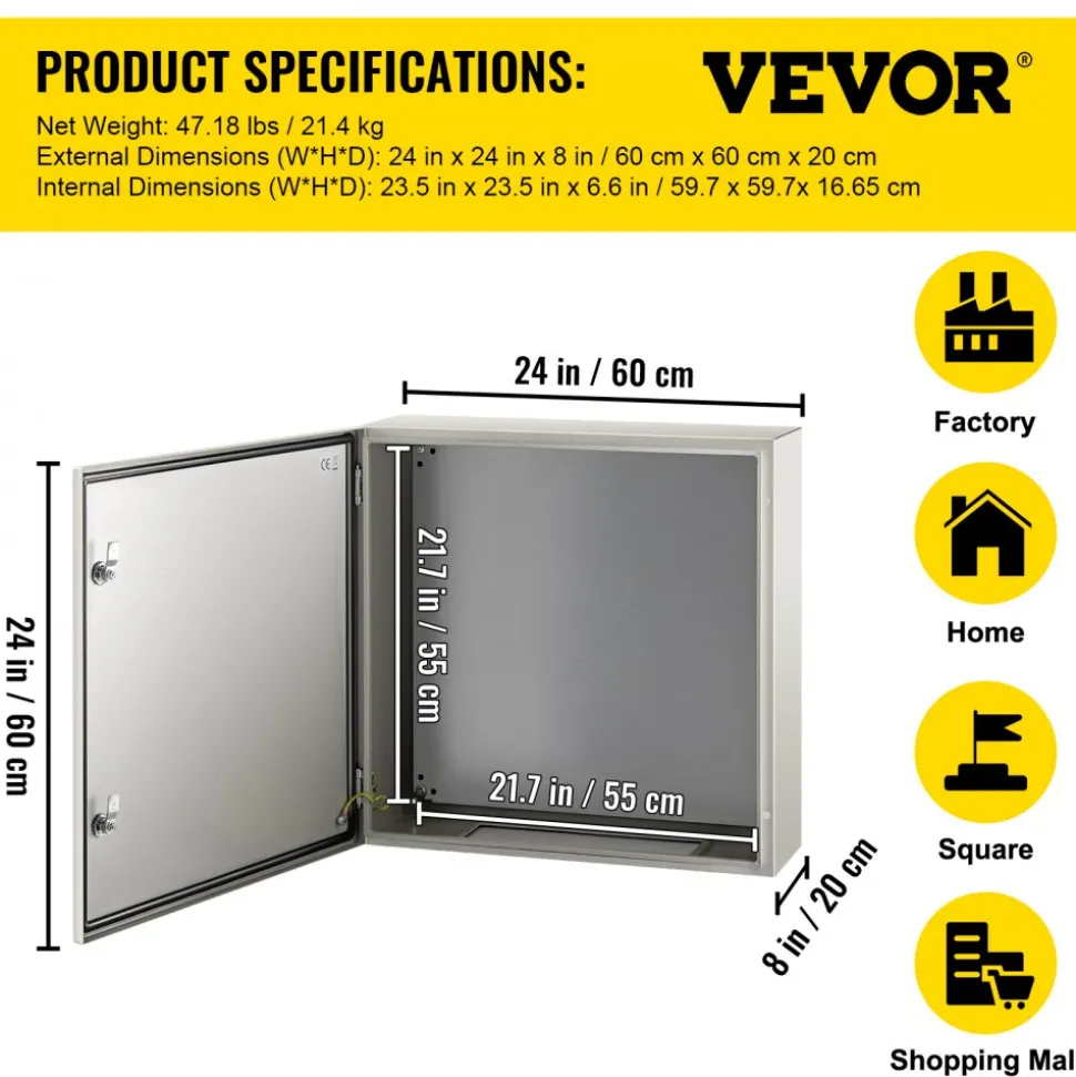 VEVOR NEMA Steel Case, 24x24x8'' NEMA 4X Metal Electric Enclosure, IP66 Water & Dust Resistant, Suitable for Both Outdoor & Indoor Use, Includes Mounting Plate