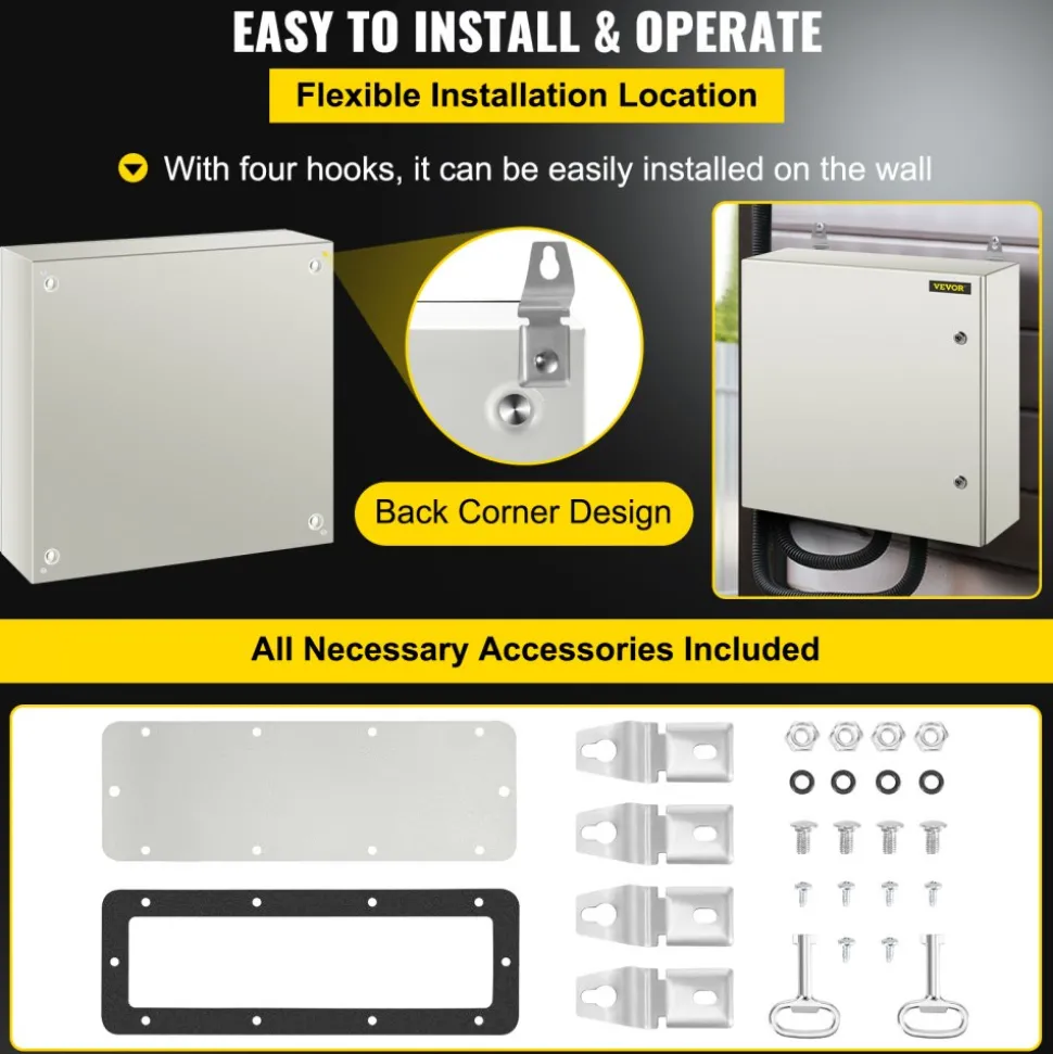 VEVOR NEMA Steel Case, 24x24x8'' NEMA 4X Metal Electric Enclosure, IP66 Water & Dust Resistant, Suitable for Both Outdoor & Indoor Use, Includes Mounting Plate