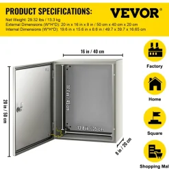 VEVOR NEMA Steel Case, 20x16x6'' NEMA 4X Metal Electric Enclosure, IP66 Water & Dust Resistant, Suitable for Both Outdoor/Indoor Use, Includes Mounting Plate