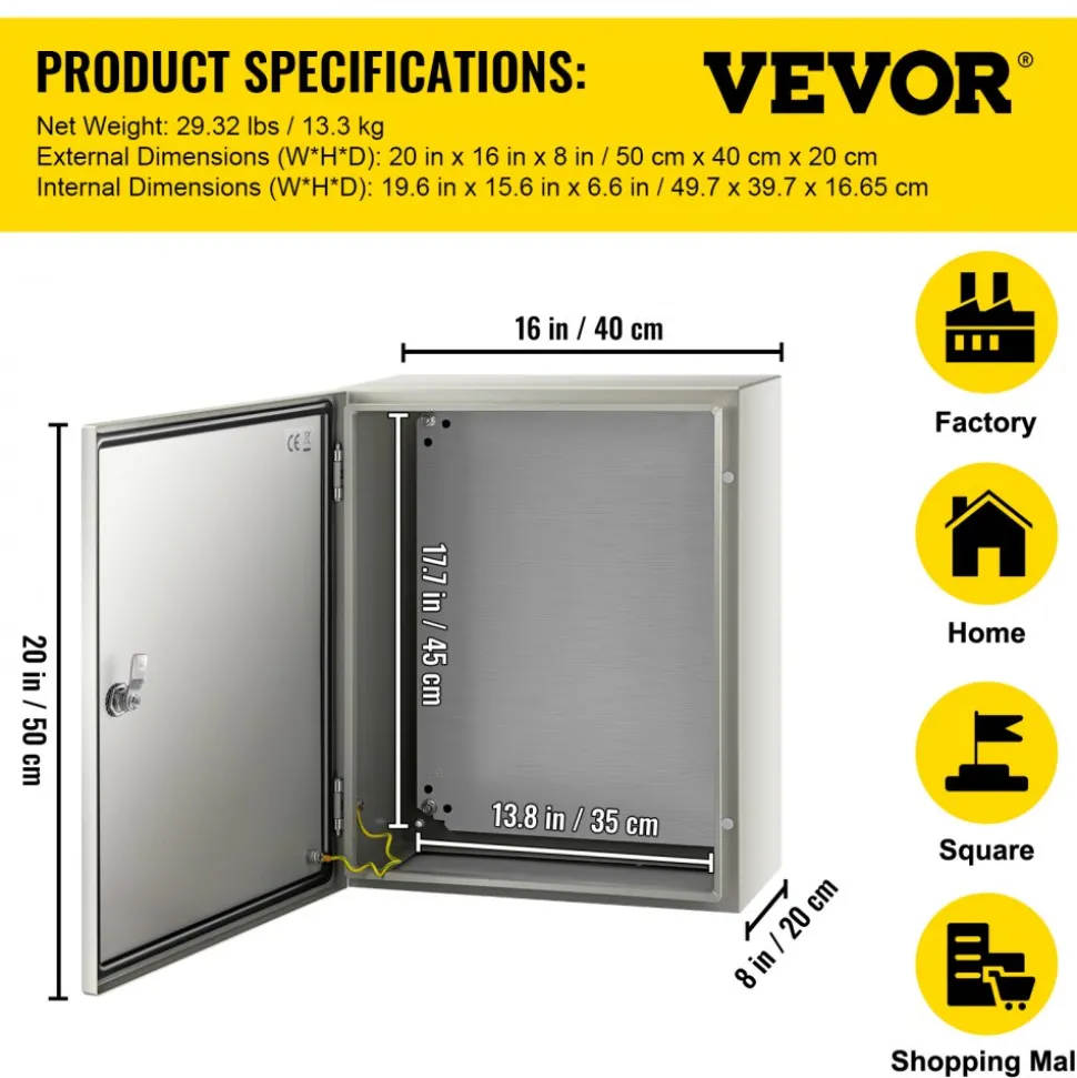 VEVOR NEMA Steel Case, 20x16x6'' NEMA 4X Metal Electric Enclosure, IP66 Water & Dust Resistant, Suitable for Both Outdoor/Indoor Use, Includes Mounting Plate