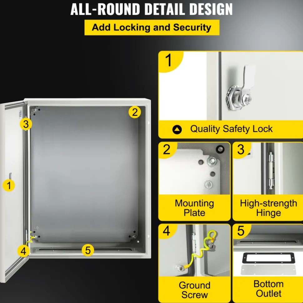 VEVOR NEMA Steel Case, 20x16x6'' NEMA 4X Metal Electric Enclosure, IP66 Water & Dust Resistant, Suitable for Both Outdoor/Indoor Use, Includes Mounting Plate