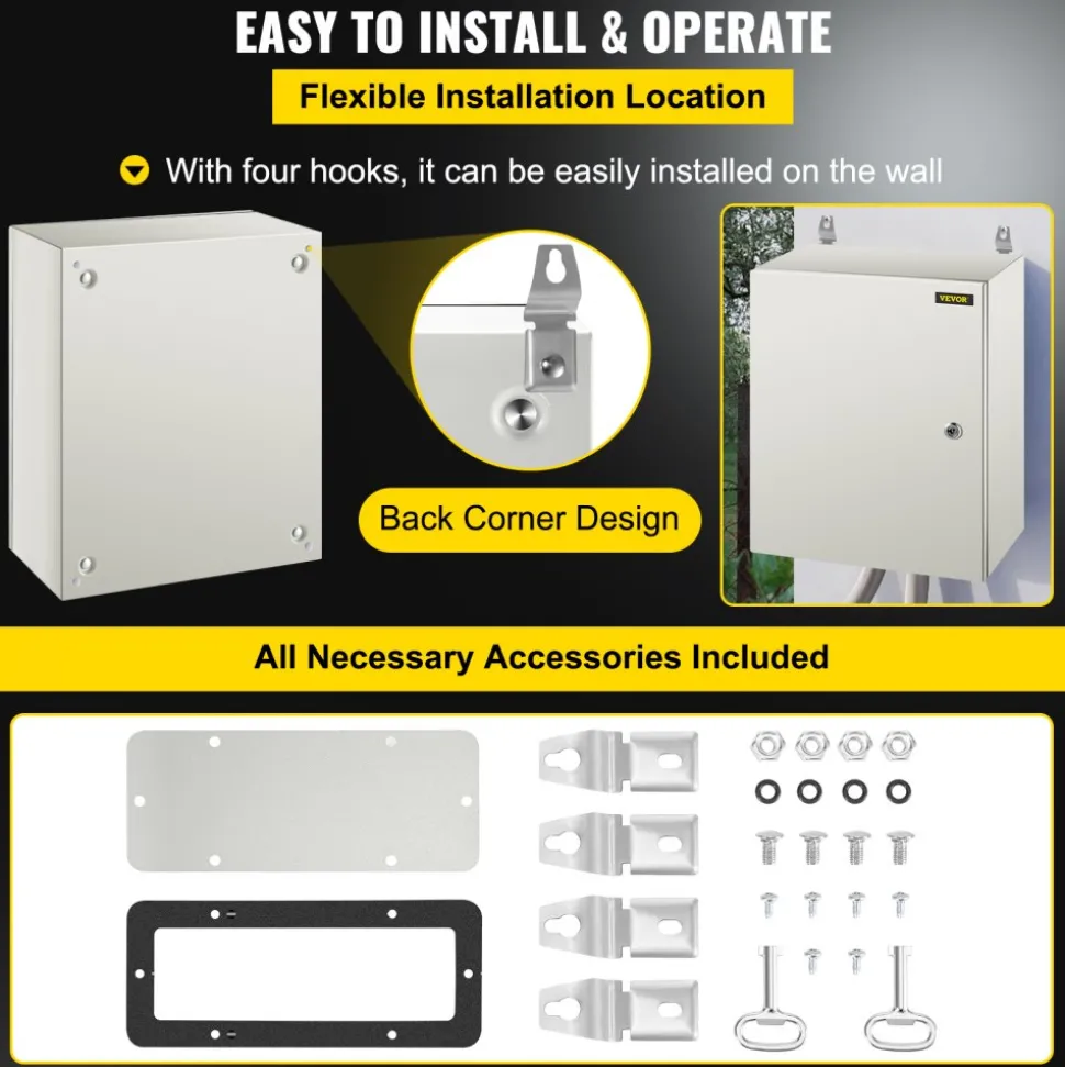 VEVOR NEMA Steel Case, 20x16x6'' NEMA 4X Metal Electric Enclosure, IP66 Water & Dust Resistant, Suitable for Both Outdoor/Indoor Use, Includes Mounting Plate