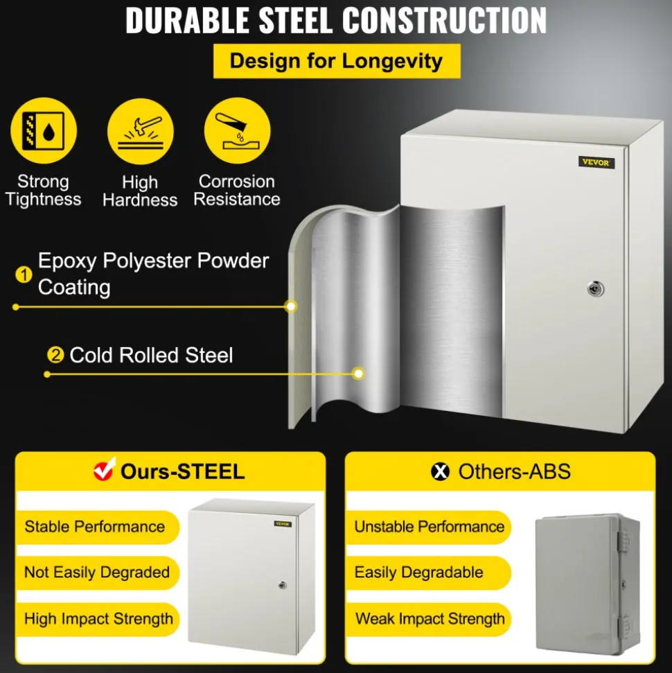 VEVOR NEMA Steel Case, 20x16x6'' NEMA 4X Metal Electric Enclosure, IP66 Water & Dust Resistant, Suitable for Both Outdoor/Indoor Use, Includes Mounting Plate