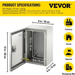 VEVOR NEMA Steel Enclosure 12×8×6,NEMA 4X Steel Electrical Box,IP66 Waterproof & Dustproof,Outdoor/Indoor Electrical Junction Box,with Mounting Plate