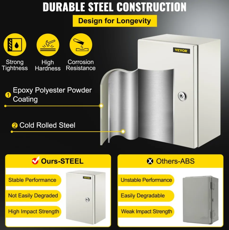 VEVOR NEMA Steel Enclosure 12×8×6,NEMA 4X Steel Electrical Box,IP66 Waterproof & Dustproof,Outdoor/Indoor Electrical Junction Box,with Mounting Plate