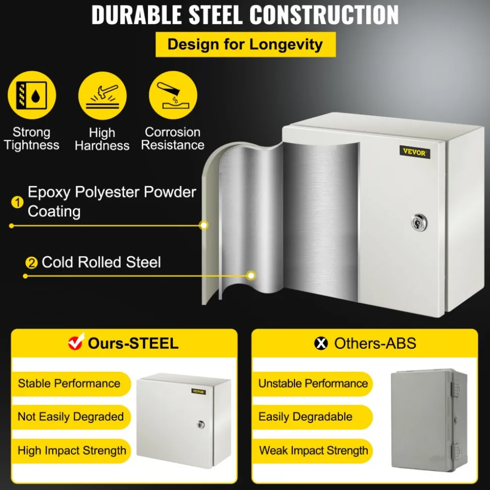 VEVOR NEMA Steel Enclosure, 12 x 12 x 6'' NEMA 4X Steel Electrical Box, IP66 Waterproof & Dustproof, Outdoor/Indoor Electrical Junction Box, with Mounting Plate