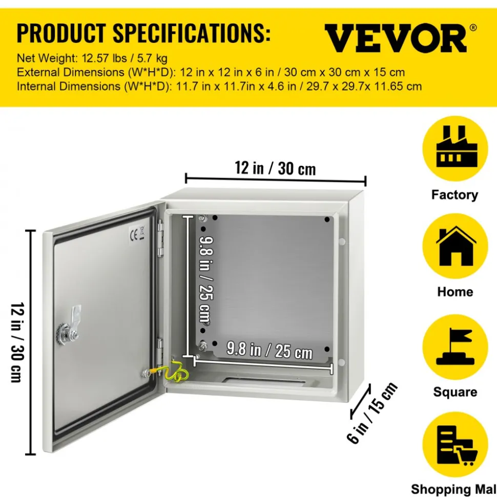 VEVOR NEMA Steel Enclosure, 12 x 12 x 6'' NEMA 4X Steel Electrical Box, IP66 Waterproof & Dustproof, Outdoor/Indoor Electrical Junction Box, with Mounting Plate