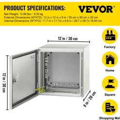 VEVOR NEMA Steel Enclosure, 12 x 12 x 8'' NEMA 4X Steel Electrical Box, IP66 Waterproof & Dustproof, Outdoor/Indoor Electrical Junction Box, with Mounting Plate