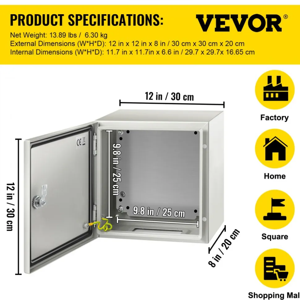 VEVOR NEMA Steel Enclosure, 12 x 12 x 8'' NEMA 4X Steel Electrical Box, IP66 Waterproof & Dustproof, Outdoor/Indoor Electrical Junction Box, with Mounting Plate