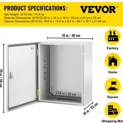 VEVOR NEMA Steel Enclosure, 20 x 16 x 10'' NEMA 4X Steel Electrical Box, IP66 Waterproof & Dustproof, Outdoor/Indoor Electrical Junction Box, with Mounting Plate