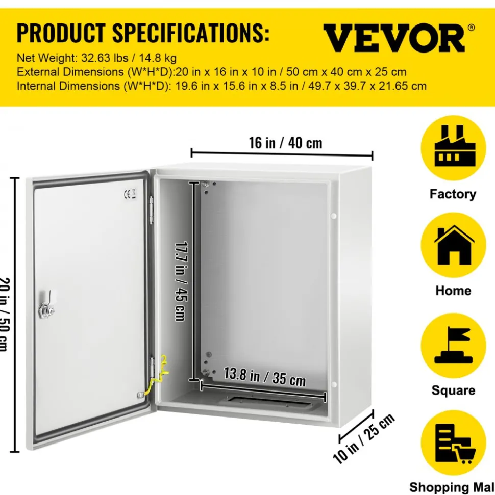 VEVOR NEMA Steel Enclosure, 20 x 16 x 10'' NEMA 4X Steel Electrical Box, IP66 Waterproof & Dustproof, Outdoor/Indoor Electrical Junction Box, with Mounting Plate