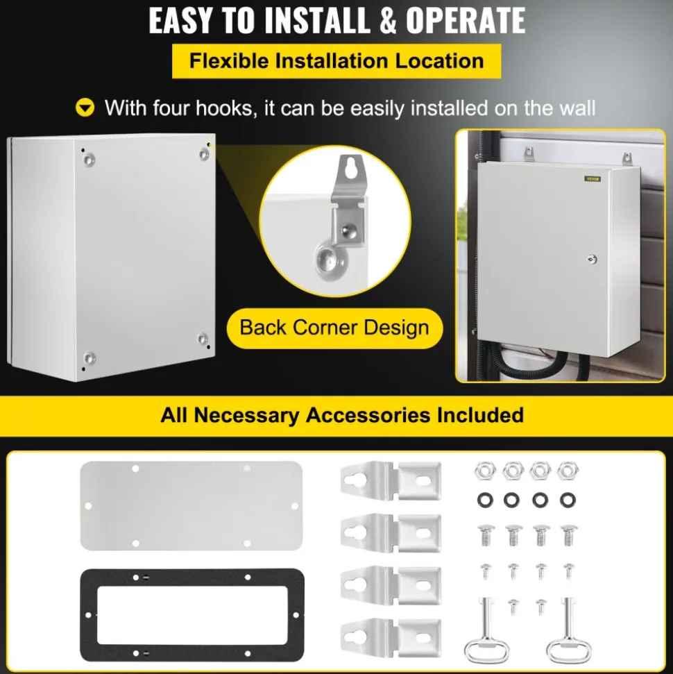 VEVOR NEMA Steel Enclosure, 20 x 16 x 10'' NEMA 4X Steel Electrical Box, IP66 Waterproof & Dustproof, Outdoor/Indoor Electrical Junction Box, with Mounting Plate