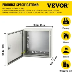 VEVOR NEMA Steel Enclosure, 16 x 16 x 6'' NEMA 4X Steel Electrical Box, IP66 Waterproof & Dustproof, Outdoor/Indoor Electrical Junction Box, with Mounting Plate
