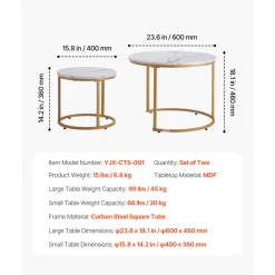 VEVOR Nesting Coffee Table Set of 2, 23.6 in Round Coffee Table, Nesting Tables for Small Place, Vintage End Side Tables Night Stand with Metal Frame, for Living Room, Bedroom, Office (White & Gold)