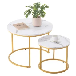 VEVOR Nesting Coffee Table Set of 2, 23.6 in Round Coffee Table, Nesting Tables for Small Place, Vintage End Side Tables Night Stand with Metal Frame, for Living Room, Bedroom, Office (White & Gold)