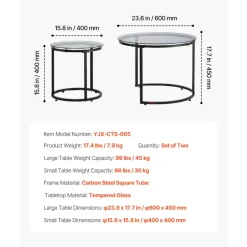 VEVOR Nesting Coffee Table Set of 2, 23.6 in Round Coffee Table, Glass Nesting Tables for Small Place, Modern End Side Tables Night Stand with Metal Frame, for Living Room, Bedroom, Balcony, Office