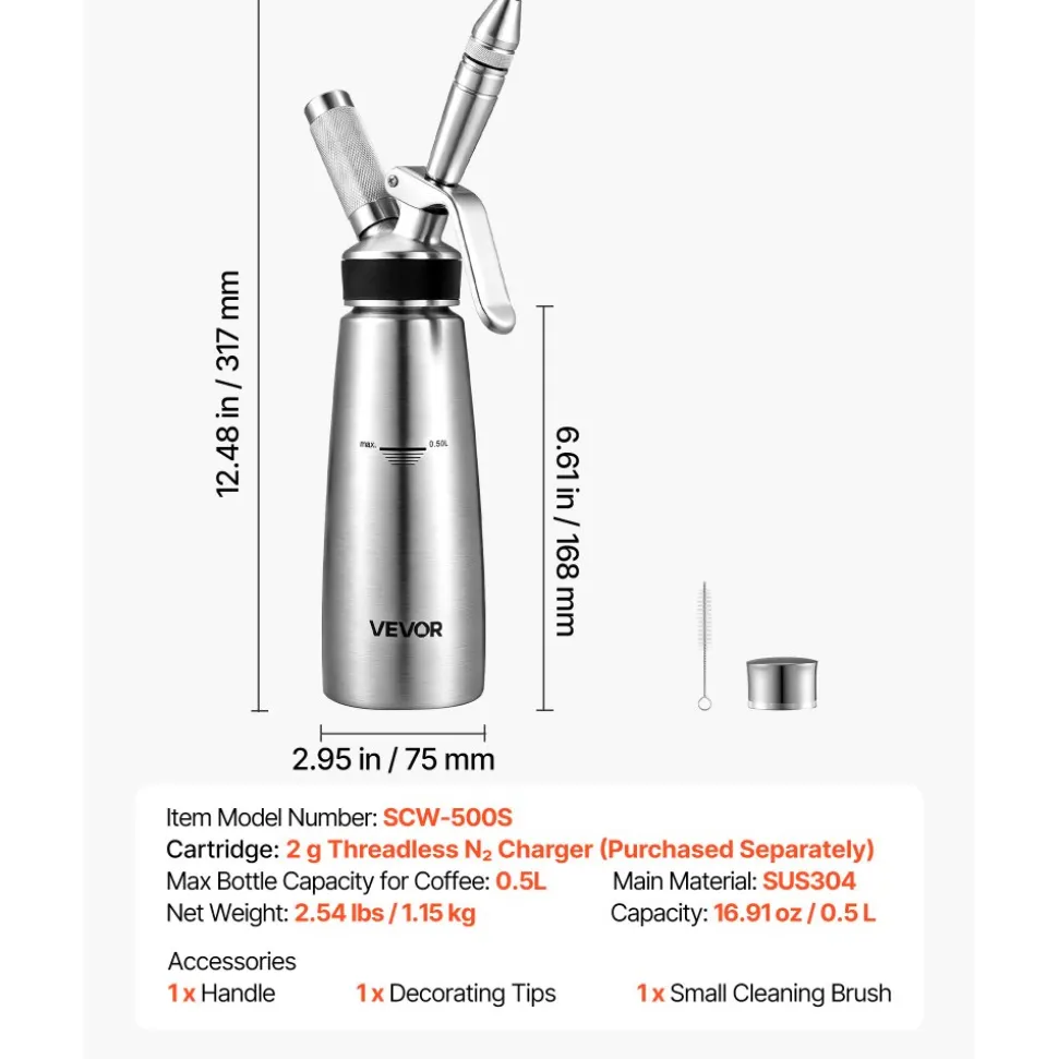 VEVOR Nitro Cold Brew Coffee Maker 17 oz Nitrogen Dispenser System, Home Brew Coffee Keg, Portable Nitrogen Infuser with Dispenser and Pressure Relieving Valve, Gift for Coffee Lovers