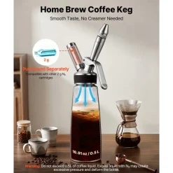 VEVOR Nitro Cold Brew Coffee Maker 17 oz Nitrogen Dispenser System, Home Brew Coffee Keg, Portable Nitrogen Infuser with Dispenser and Pressure Relieving Valve, Gift for Coffee Lovers