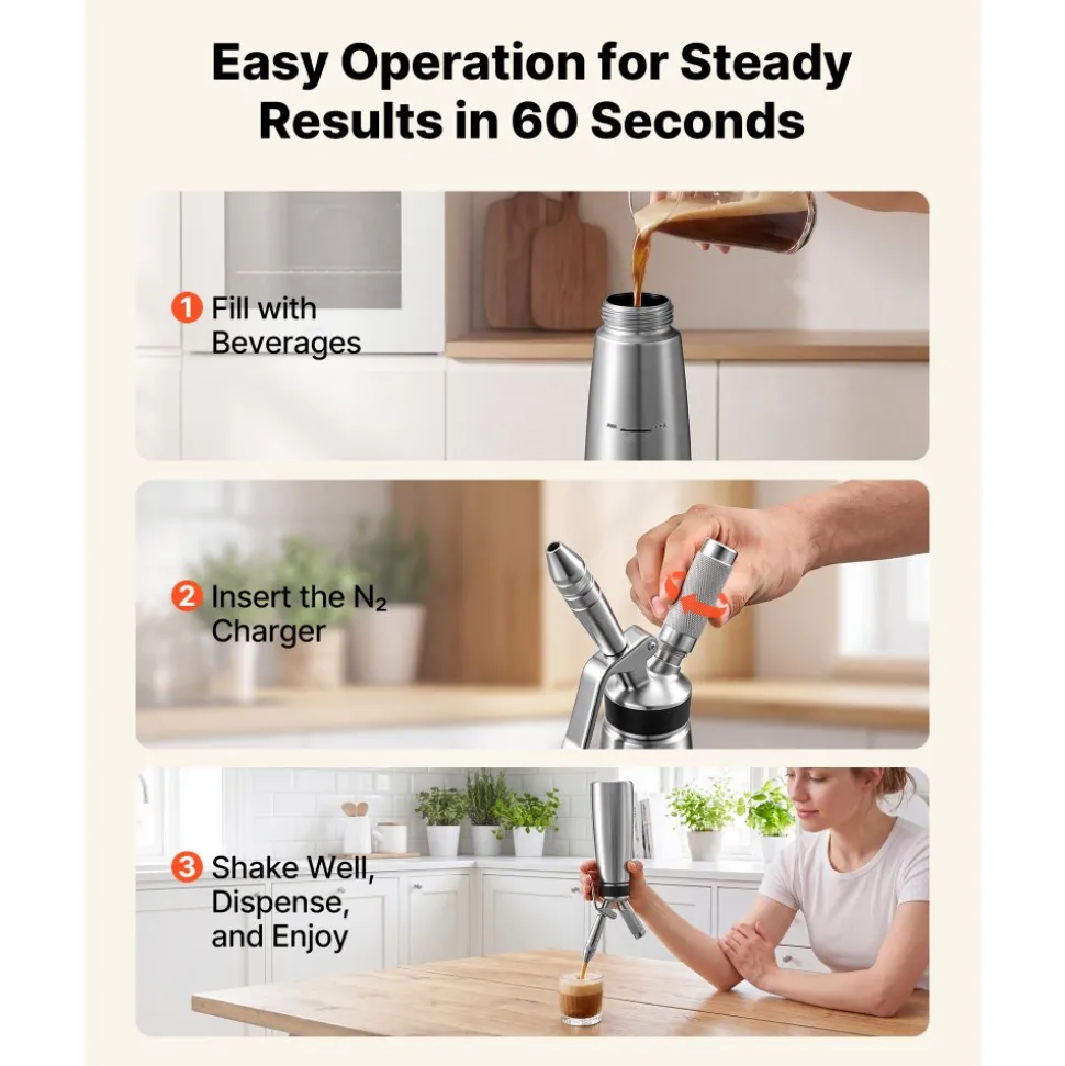 VEVOR Nitro Cold Brew Coffee Maker 17 oz Nitrogen Dispenser System, Home Brew Coffee Keg, Portable Nitrogen Infuser with Dispenser and Pressure Relieving Valve, Gift for Coffee Lovers