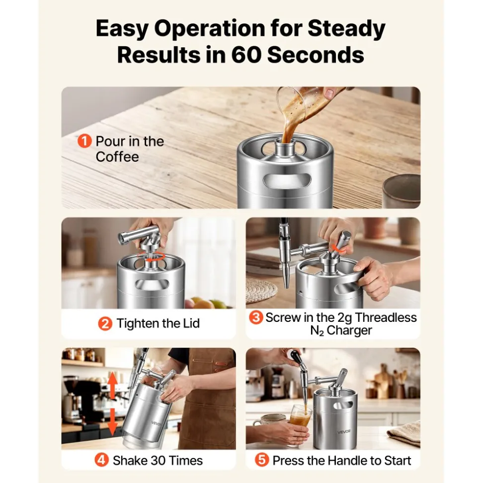 VEVOR Nitro Cold Brew Coffee Maker 135 oz Nitrogen Dispenser System, Home Brew Coffee Keg, Portable Nitrogen Infuser with Dispenser and Pressure Relieving Valve, Gift for Coffee Lovers