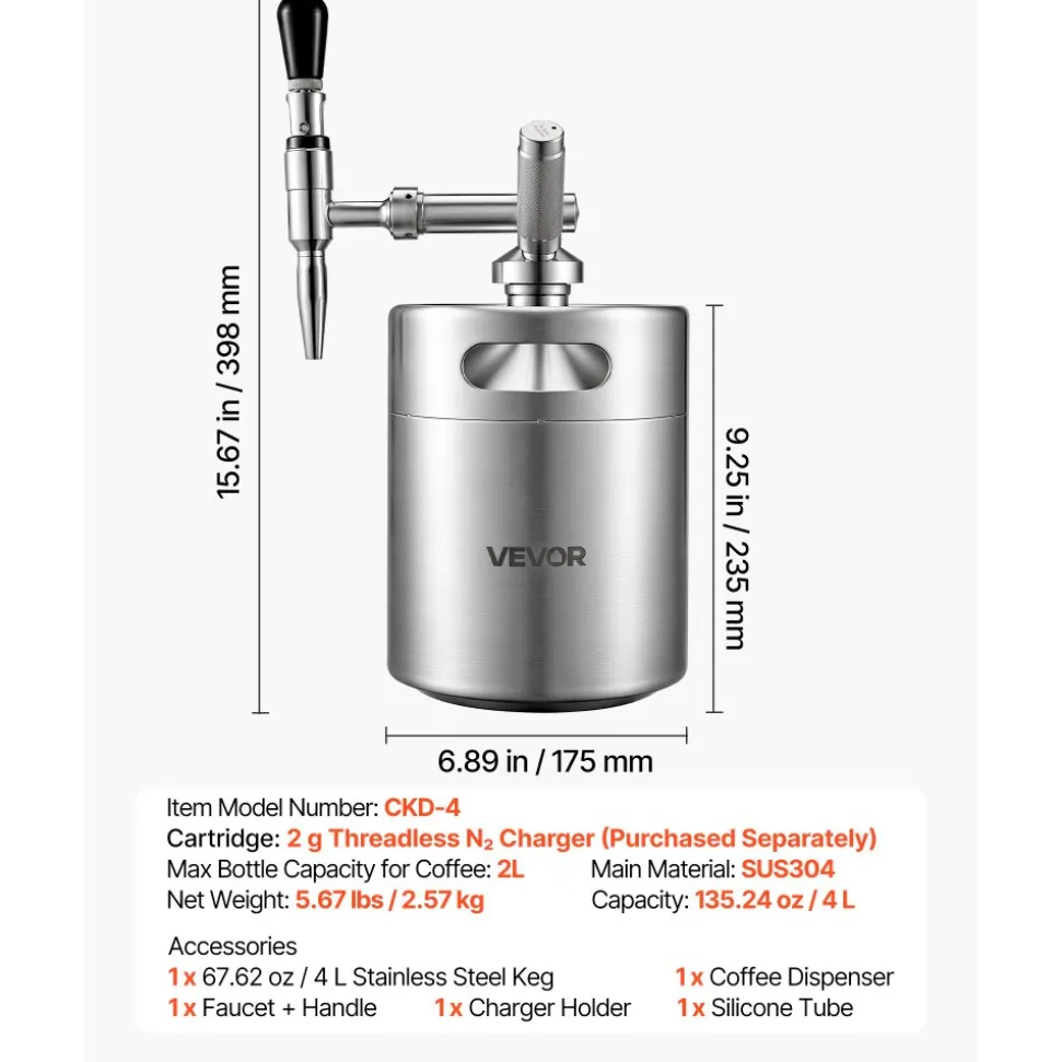 VEVOR Nitro Cold Brew Coffee Maker 135 oz Nitrogen Dispenser System, Home Brew Coffee Keg, Portable Nitrogen Infuser with Dispenser and Pressure Relieving Valve, Gift for Coffee Lovers