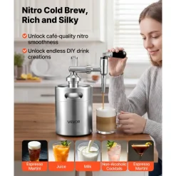 VEVOR Nitro Cold Brew Coffee Maker 68 oz Nitrogen Dispenser System, Home Brew Coffee Keg, Portable Nitrogen Infuser with Dispenser and Pressure Relieving Valve, Gift for Coffee Lovers